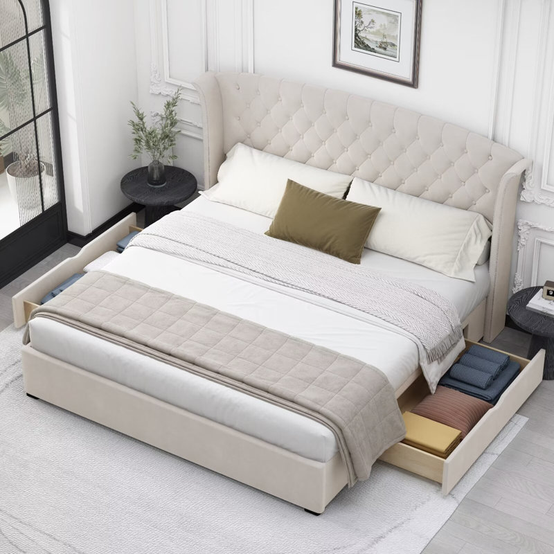 Tanikia Luxurious Upholstered Wingback Storage Platform Bed with 60 inch High Headboard Premium Linen Dual Storage Drawers and Sprung Slats